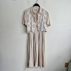 Vintage 90s Peri Petites Beige Cottagecore Crochet Midi Dress Set Coquette Sz 10